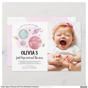 Outer Space Planets Girl First Birthday Invitation