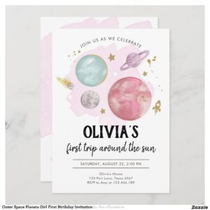 Outer Space Planets Girl First Birthday Invitation