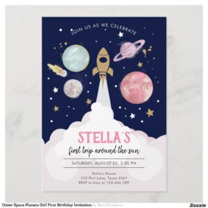 Outer Space Planets Girl First Birthday Invitation