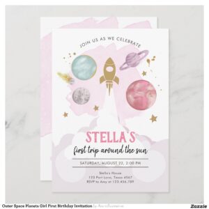 Outer Space Planets Girl First Birthday Invitation