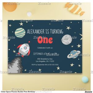 Outer Space Planets Rocket First Birthday Invitation