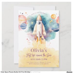 Outer Space Planets Rocket Girl First Birthday Invitation