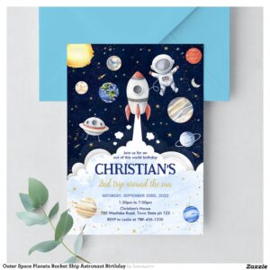 Outer Space Planets Rocket Ship Astronaut Birthday Invitation