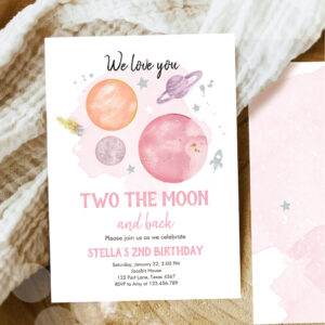 Outer Space Planets Two The Moon Girl Birthday Invitation