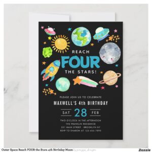 Outer Space Reach FOUR the Stars 4th Birthday Moon Invitation