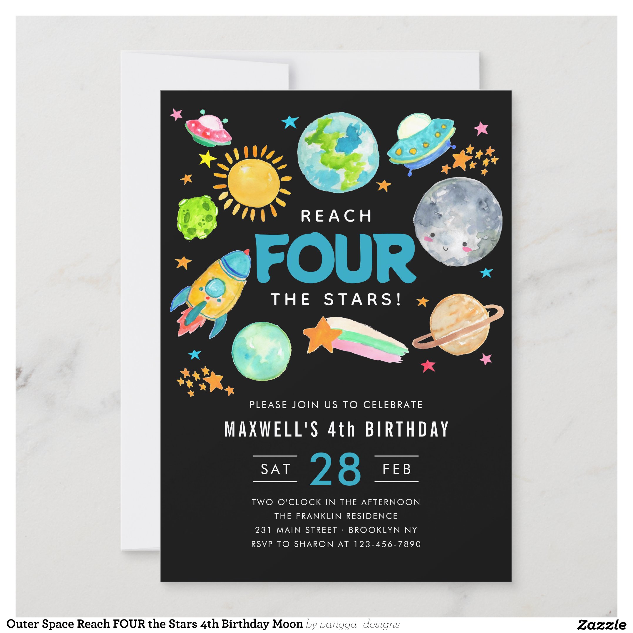 Outer Space Reach FOUR the Stars 4th Birthday Moon Invitation