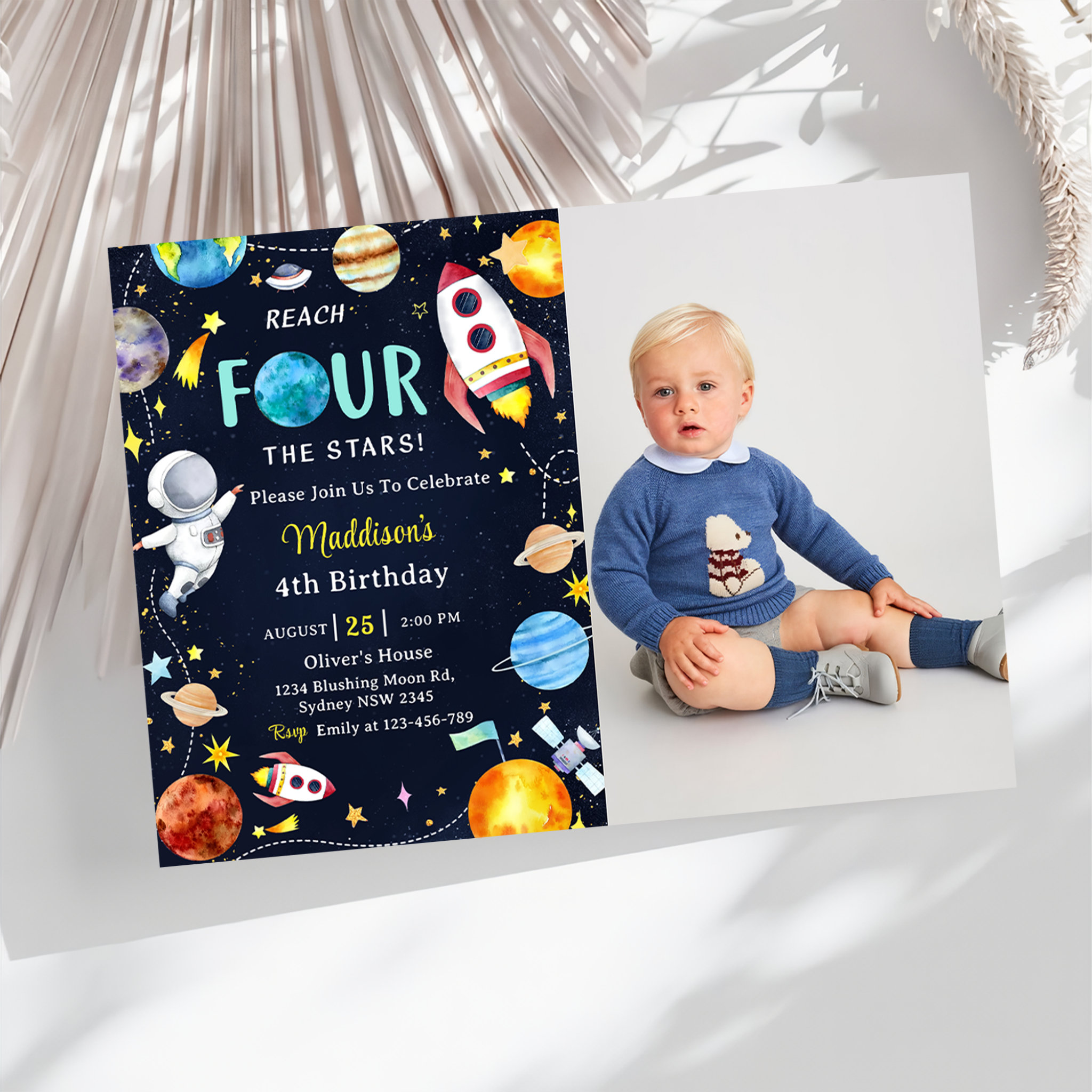 Outer Space Reach FOUR the Stars 4th Birthday Moon Invitation