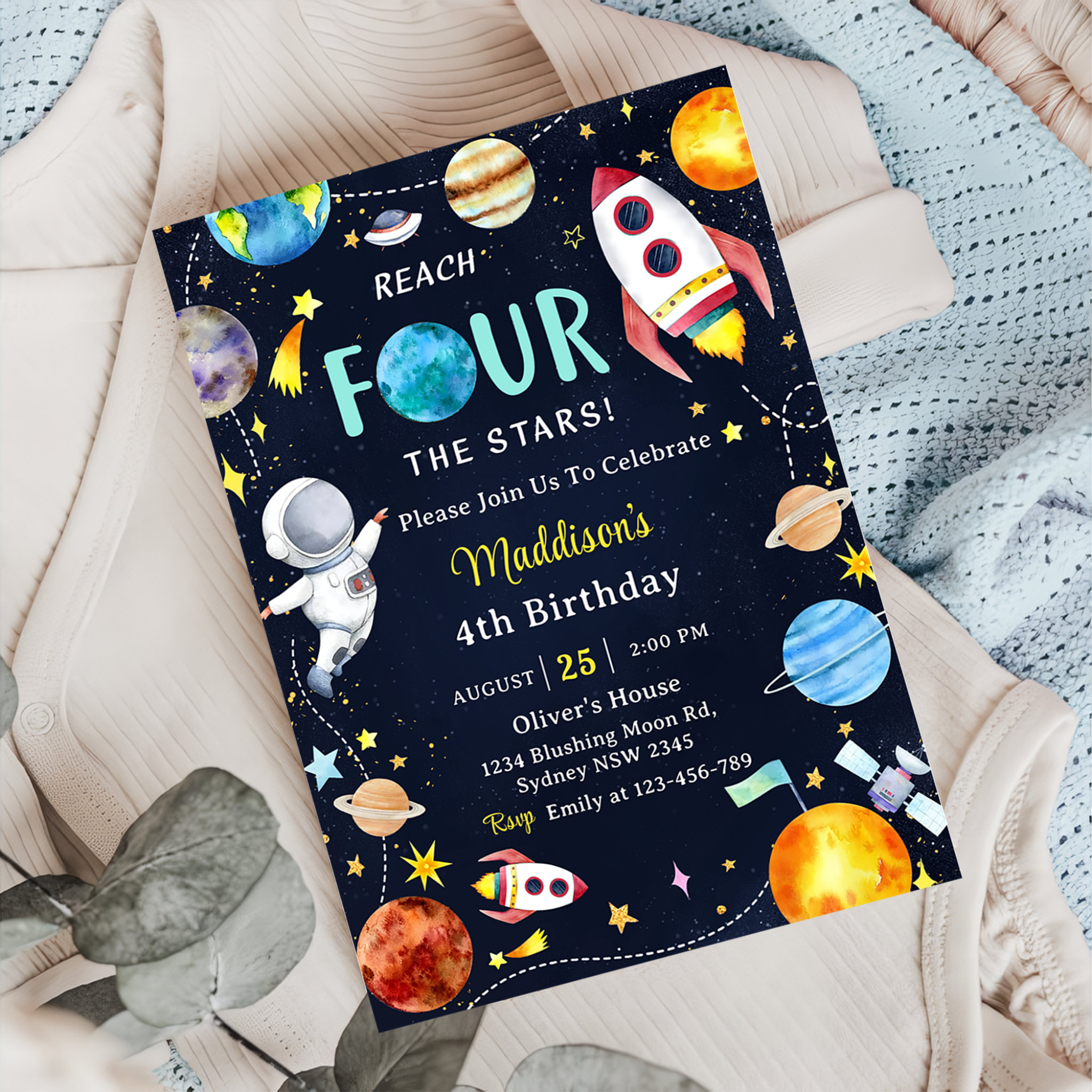 Outer Space Reach FOUR the Stars 4th Birthday Moon Invitation