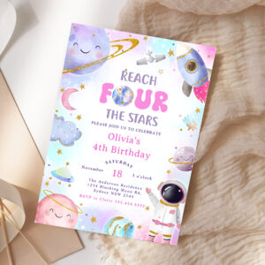 Outer Space Reach FOUR the Stars 4th Birthday Moon Invitation