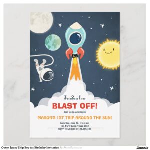 Outer Space Ship Boy 1st Birthday Invitation
