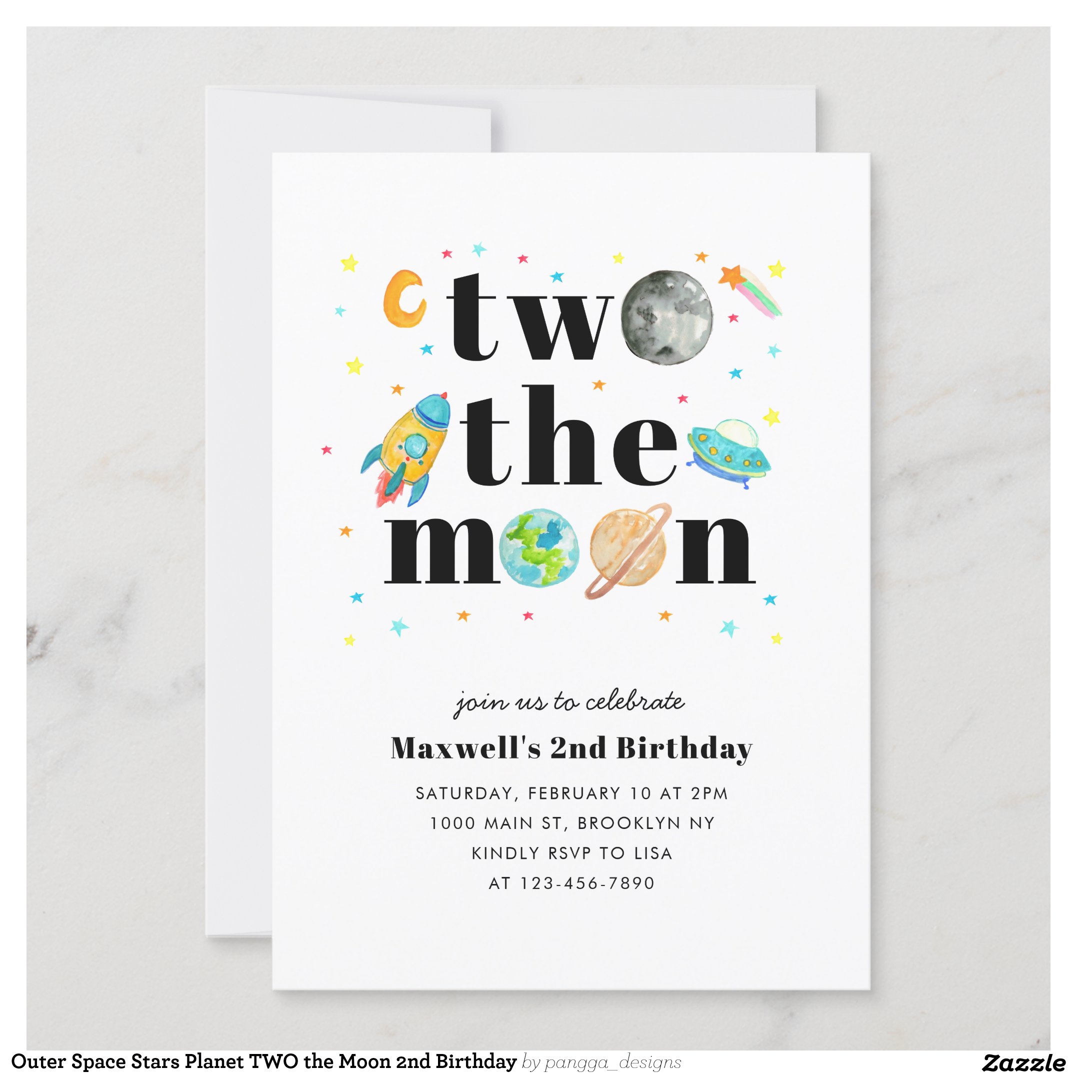 Outer Space Stars Planet TWO the Moon 2nd Birthday Invitation