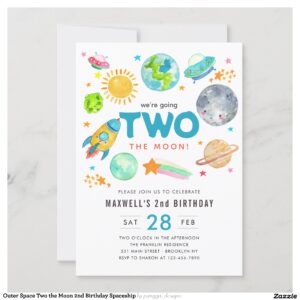 Outer Space Two the Moon 2nd Birthday Spaceship Invitation
