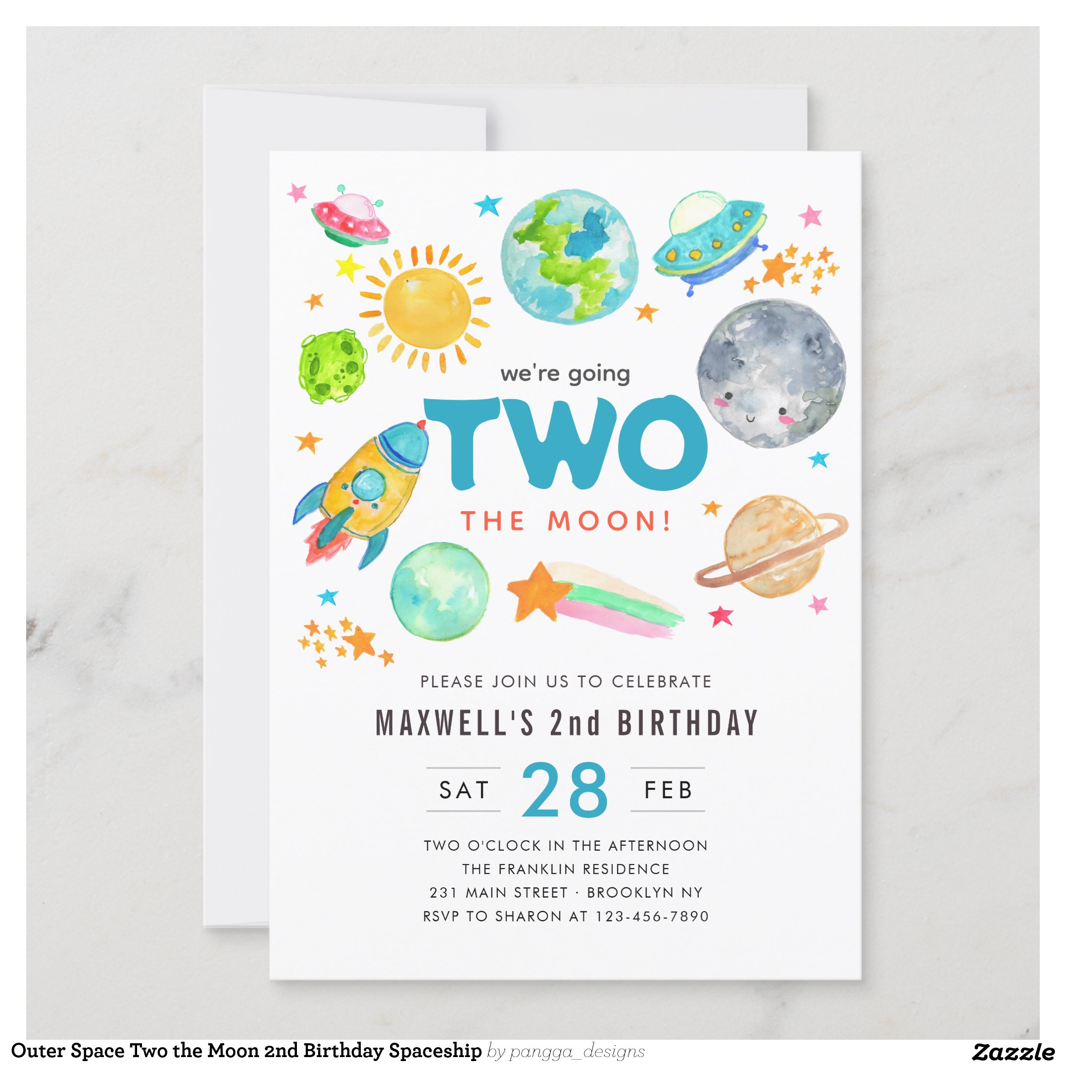 Outer Space Two the Moon 2nd Birthday Spaceship Invitation