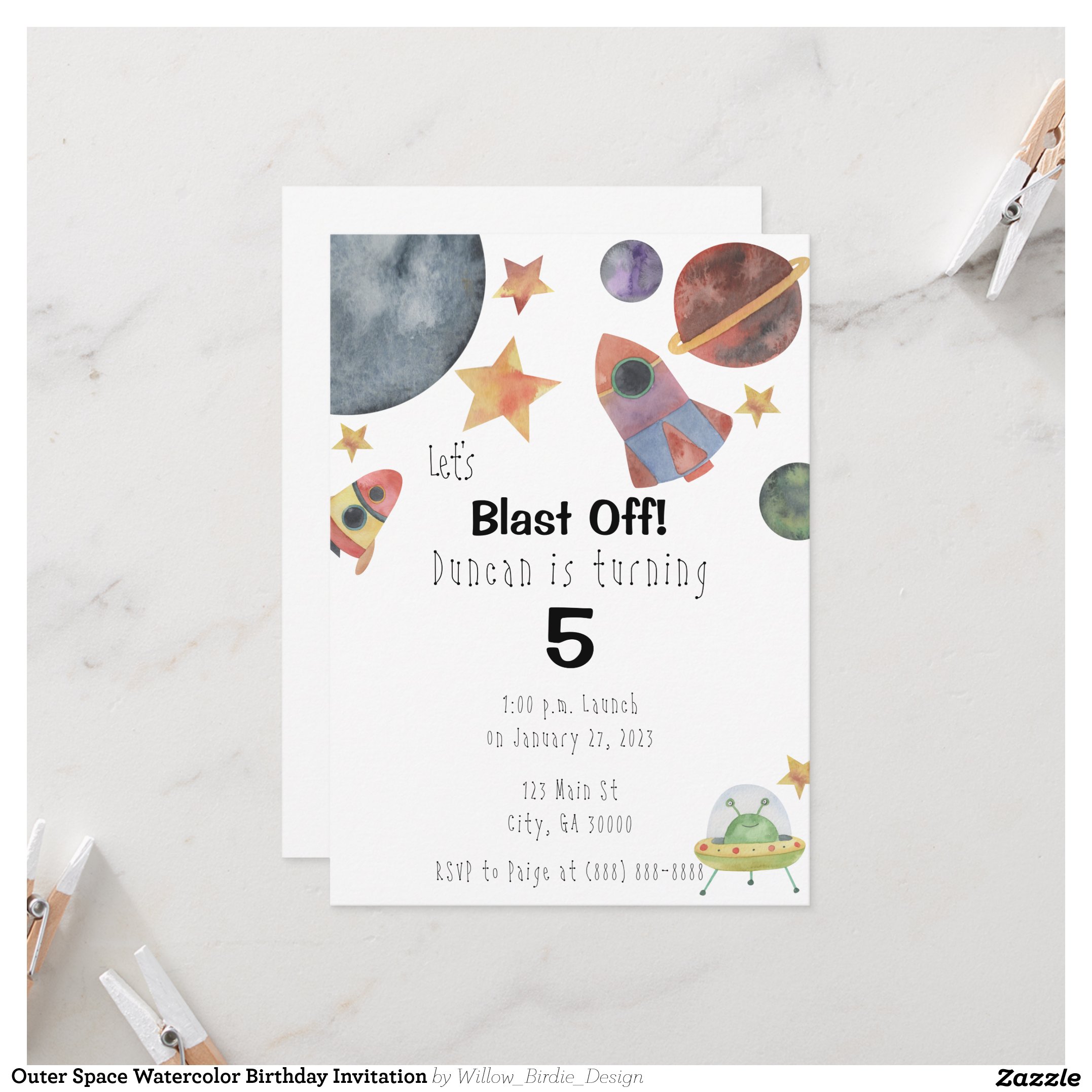 Outer Space Watercolor Birthday Invitation