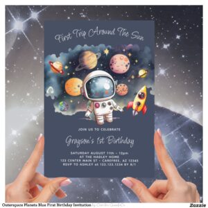 Outerspace Planets Blue First Birthday Invitation