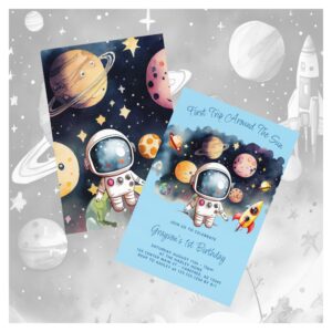 Outerspace Planets Blue First Birthday Invitation