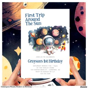 Outerspace Planets Modern 1st Birthday Invitation