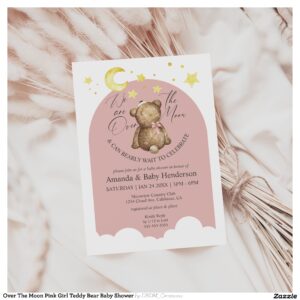 Over The Moon Pink Girl Teddy Bear Baby Shower Invitation