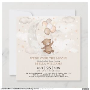Over the Moon Teddy Bear Balloons Baby Shower Invitation