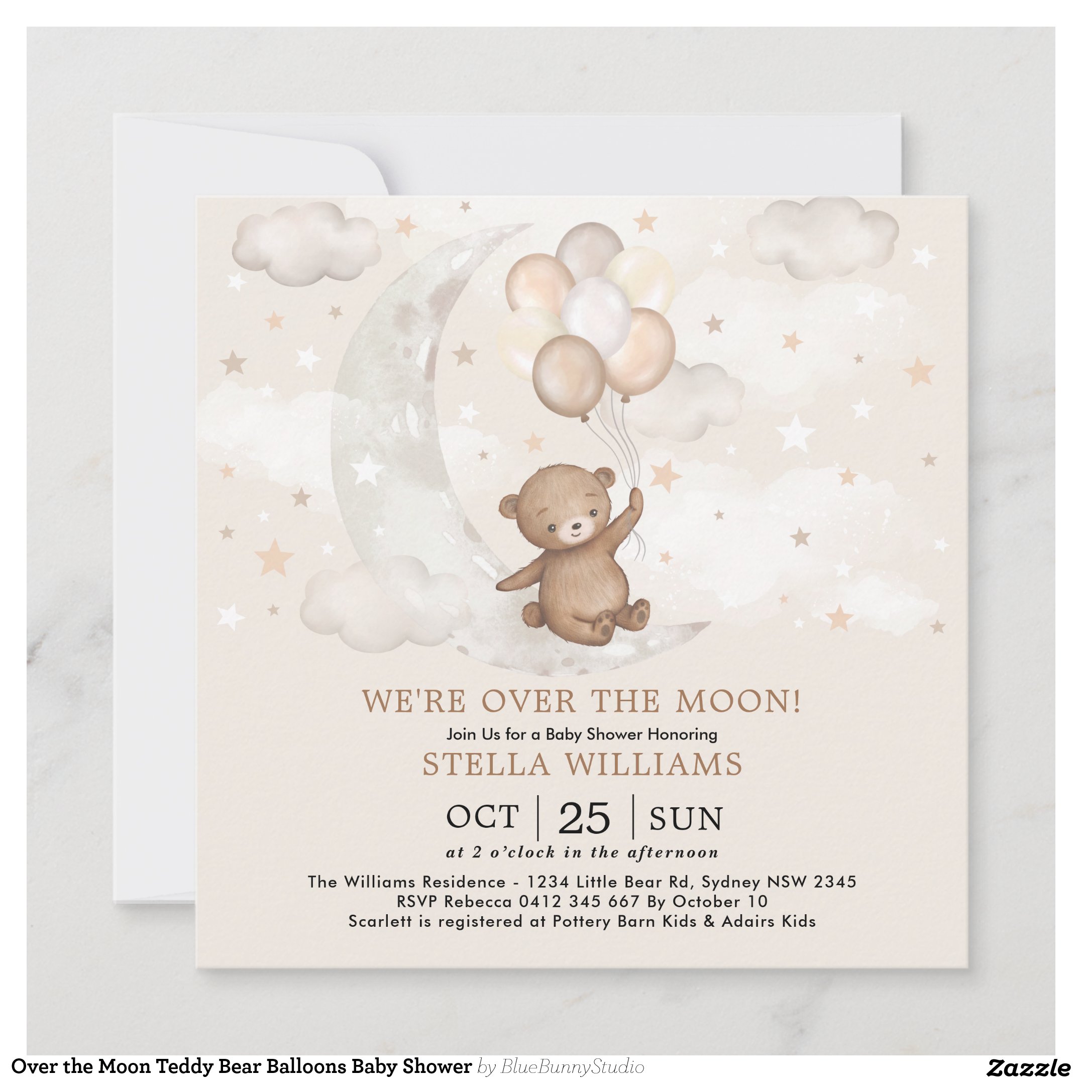 Over the Moon Teddy Bear Balloons Baby Shower Invitation
