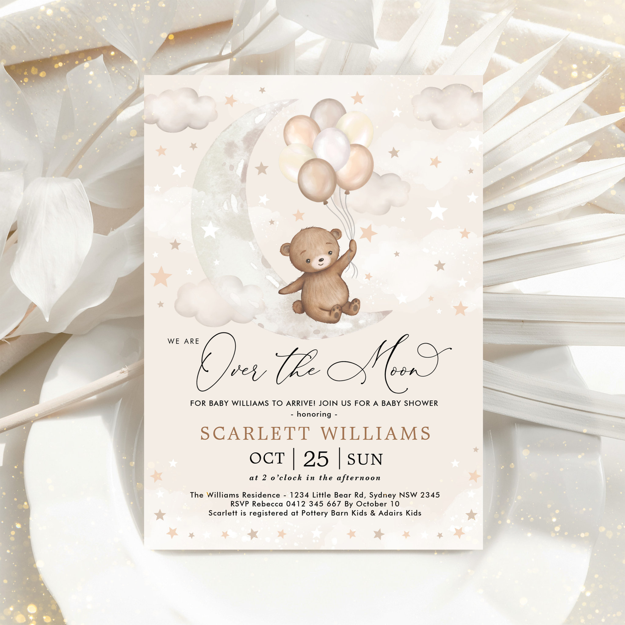 Over the Moon Teddy Bear Balloons Baby Shower Invitation