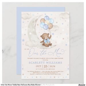 Over the Moon Teddy Bear Balloons Boy Baby Shower Invitation
