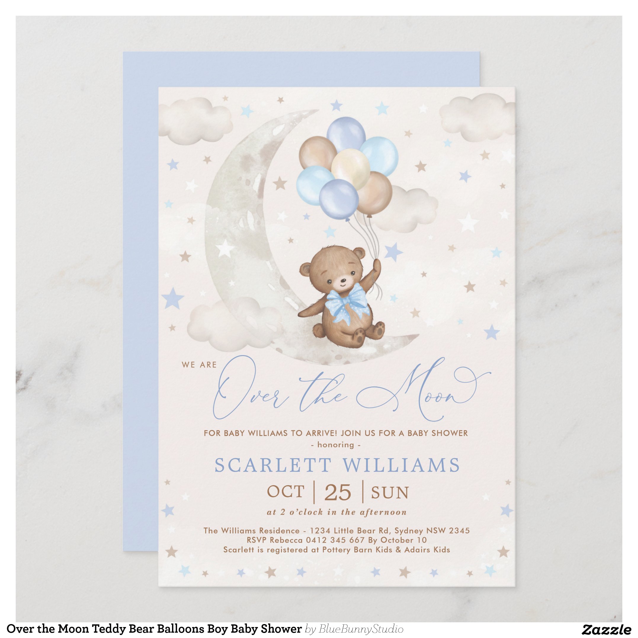 Over the Moon Teddy Bear Balloons Boy Baby Shower Invitation