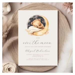 Over the Moon Teddy Bear Neutral Boho Baby Shower Invitation