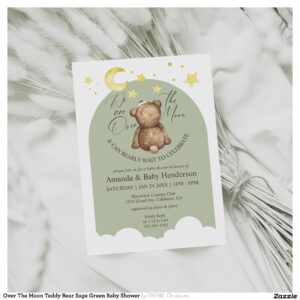 Over The Moon Teddy Bear Sage Green Baby Shower Invitation