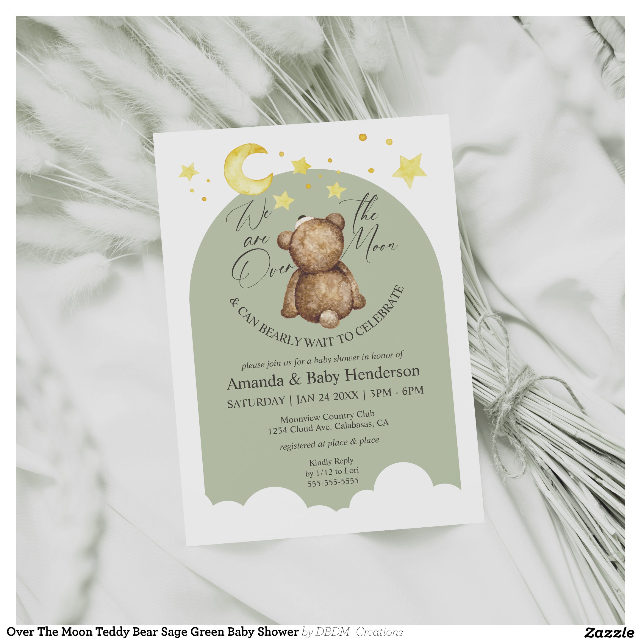 Over The Moon Teddy Bear Sage Green Baby Shower Invitation