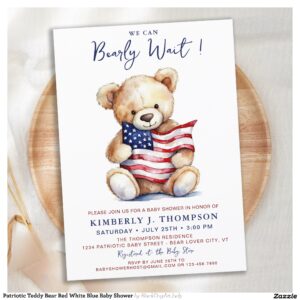 Patriotic Teddy Bear Red White Blue Baby Shower Invitation