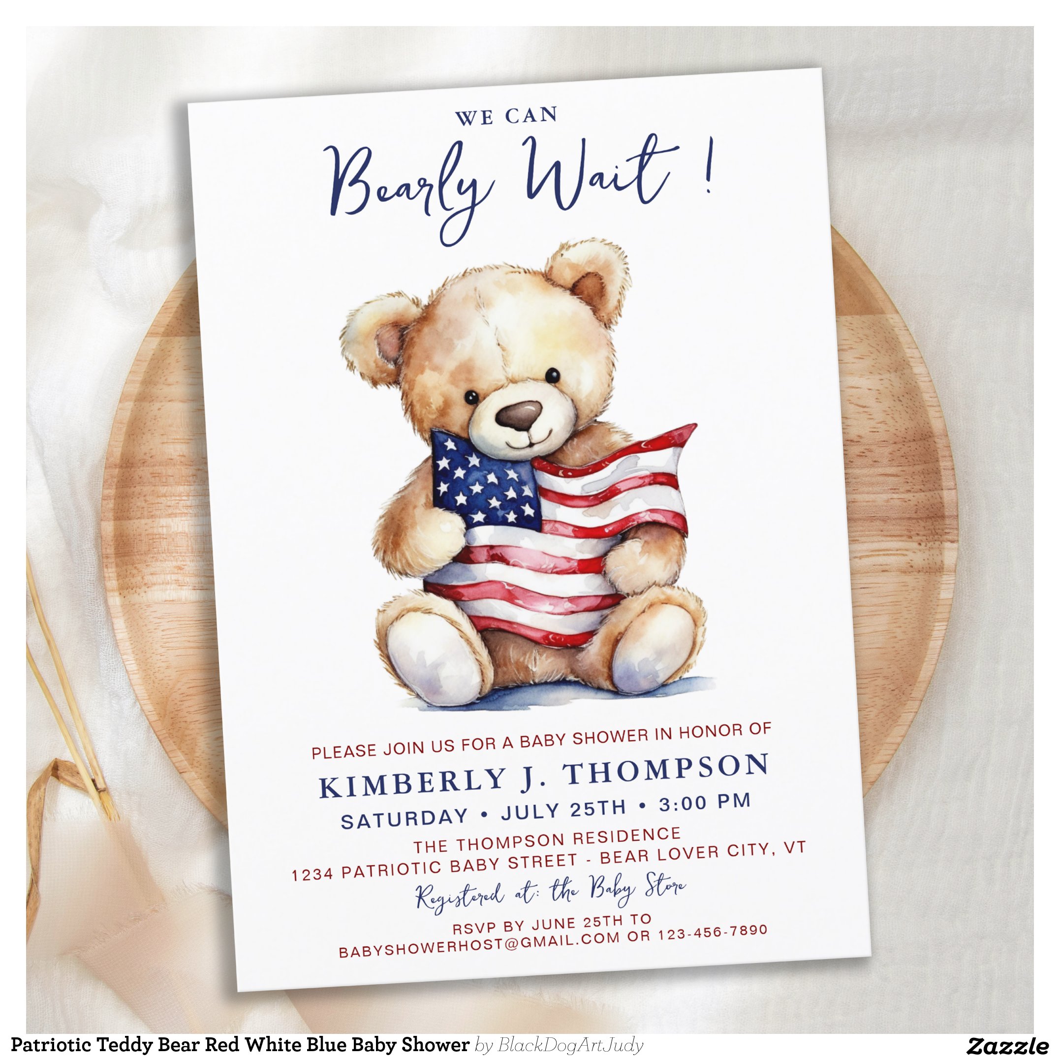 Patriotic Teddy Bear Red White Blue Baby Shower Invitation