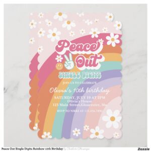 Peace Out Single Digits Rainbow 10th Birthday Invitation