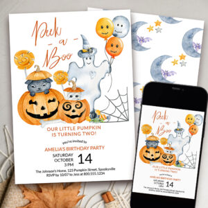 Peek a Boo Little Pumpkin Turning Two 2nd Birthday Invitation