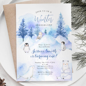 Penguin Animal Winter Onederland 1st birthday Invitation