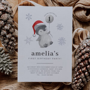 Penguin Balloon 1st Birthday Invitation