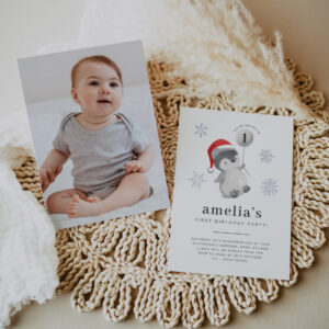 Penguin Balloon Photo 1st Birthday Invitation