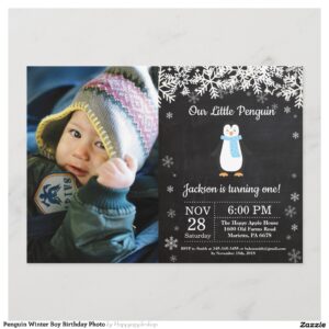 Penguin Winter Boy Birthday Photo Invitation