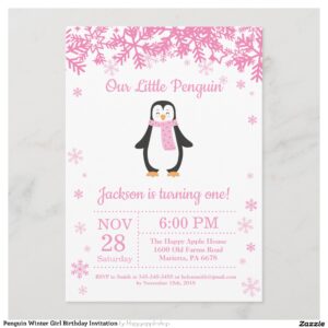 Penguin Winter Girl Birthday Invitation