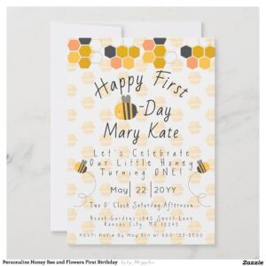 Personalize Honey Bee and Flowers First Birthday Invitation