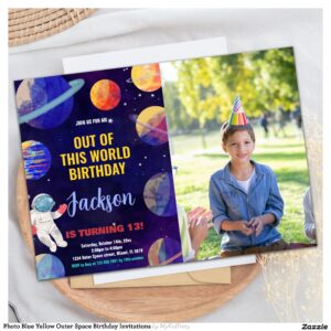 Photo Blue Yellow Outer Space Birthday Invitations