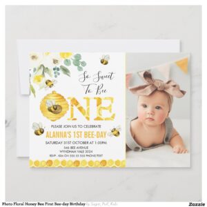 Photo Floral Honey Bee First Bee-day Birthday Invitation