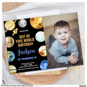 Photo Glitter Rocket Outer Space Birthday Invitation