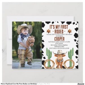 Photo Highland Cow My First Rodeo 1st Birthday Invitation