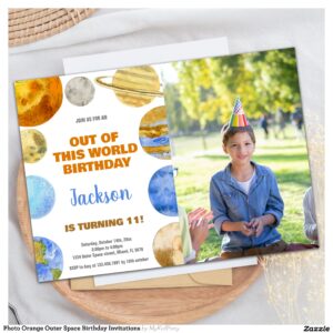 Photo Orange Outer Space Birthday Invitations