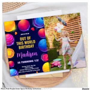 Photo Pink Purple Outer Space Birthday Invitations