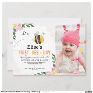 Photo Pink Yellow Bee First Bee-Day 1st Birthday Invitation