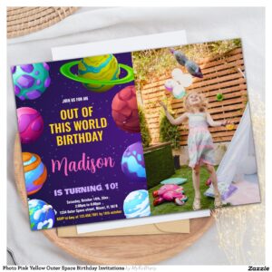 Photo Pink Yellow Outer Space Birthday Invitations