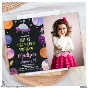 Photo Purple Outer Space Birthday Invitations