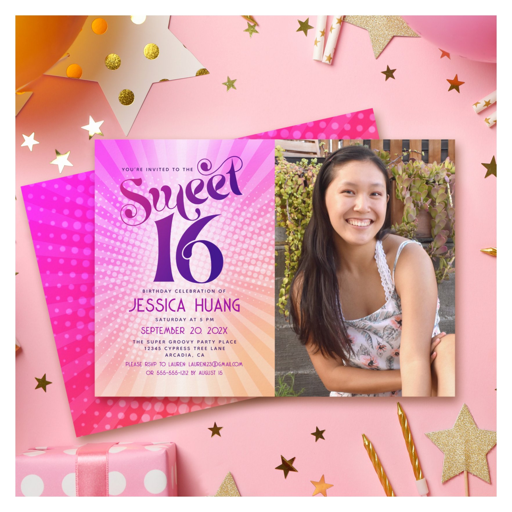 Photo Sweet 16 Groovy Pink Orange Gradient Retro Invitation
